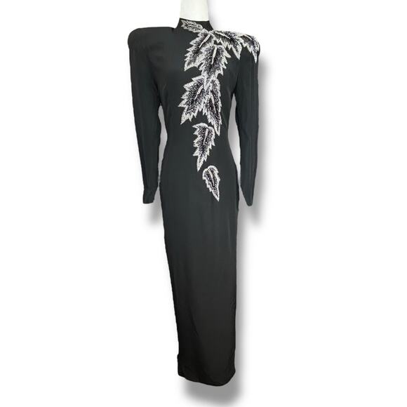 Vintage 80s Pavé Black Silk Metallic Beaded Evening Gown Long Sleeve Maxi Formal - Picture 1 of 12